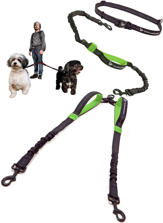 Hands Free Double Dog Leash - No Tangle Dog Leashes for Large Dogs - Heavy Duty Waist Coupler Bungee Lead by