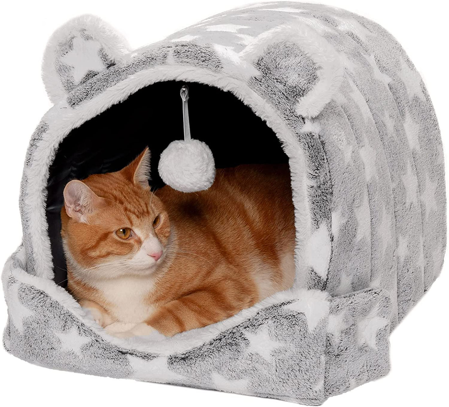 Pet Bed for Cats and Small Dogs - Cozy Cave-Bear Fleece and Faux Fur Cat Bed with Hanging Plush Ball Toy, Washable, Silver Stars, One Size