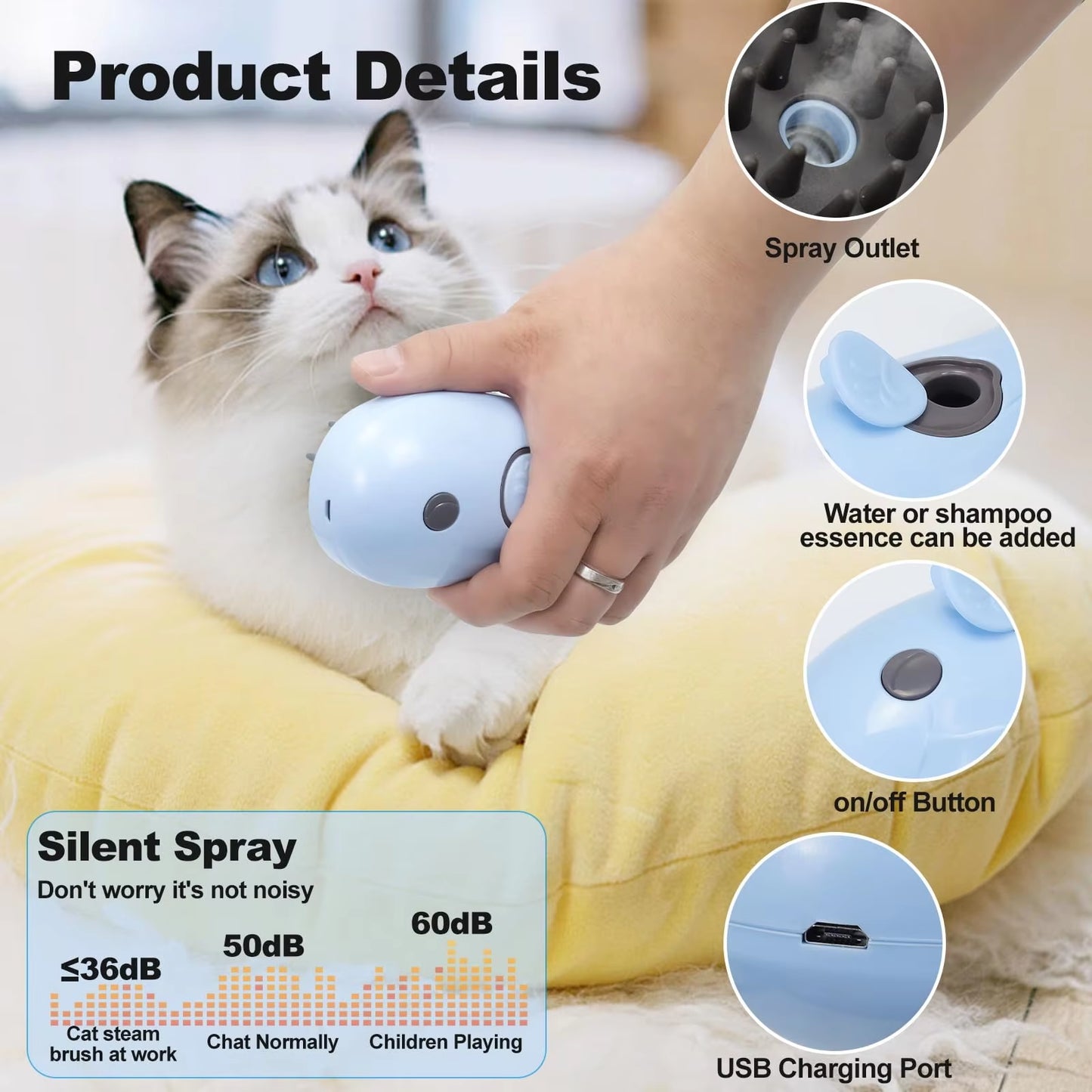 Cat Shed Steam Brush, Grooming Brush with Steam, Rechargeable Steam Pet Brush for Dogs and Cats, Steaming Cat Brush 3 in 1,