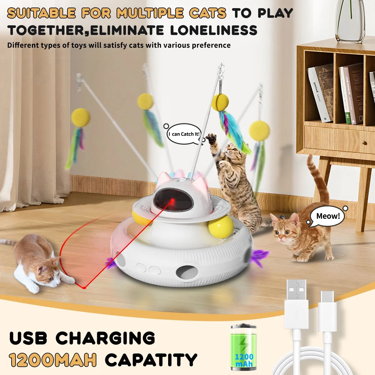 4 in 1 Interactive Cat Toys for Indoor Cats,Cat Laser Toys with 360°Rotation, Interactive Exercise Play Kitten Toy,Automatic Cat Wand Toys,Track Balls,Indoor Exercise Cat Kicker with USB Rechargeable